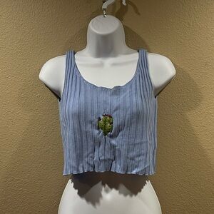 Blue Ribbed Cactus Embroidered Women's Cropped Tank Top